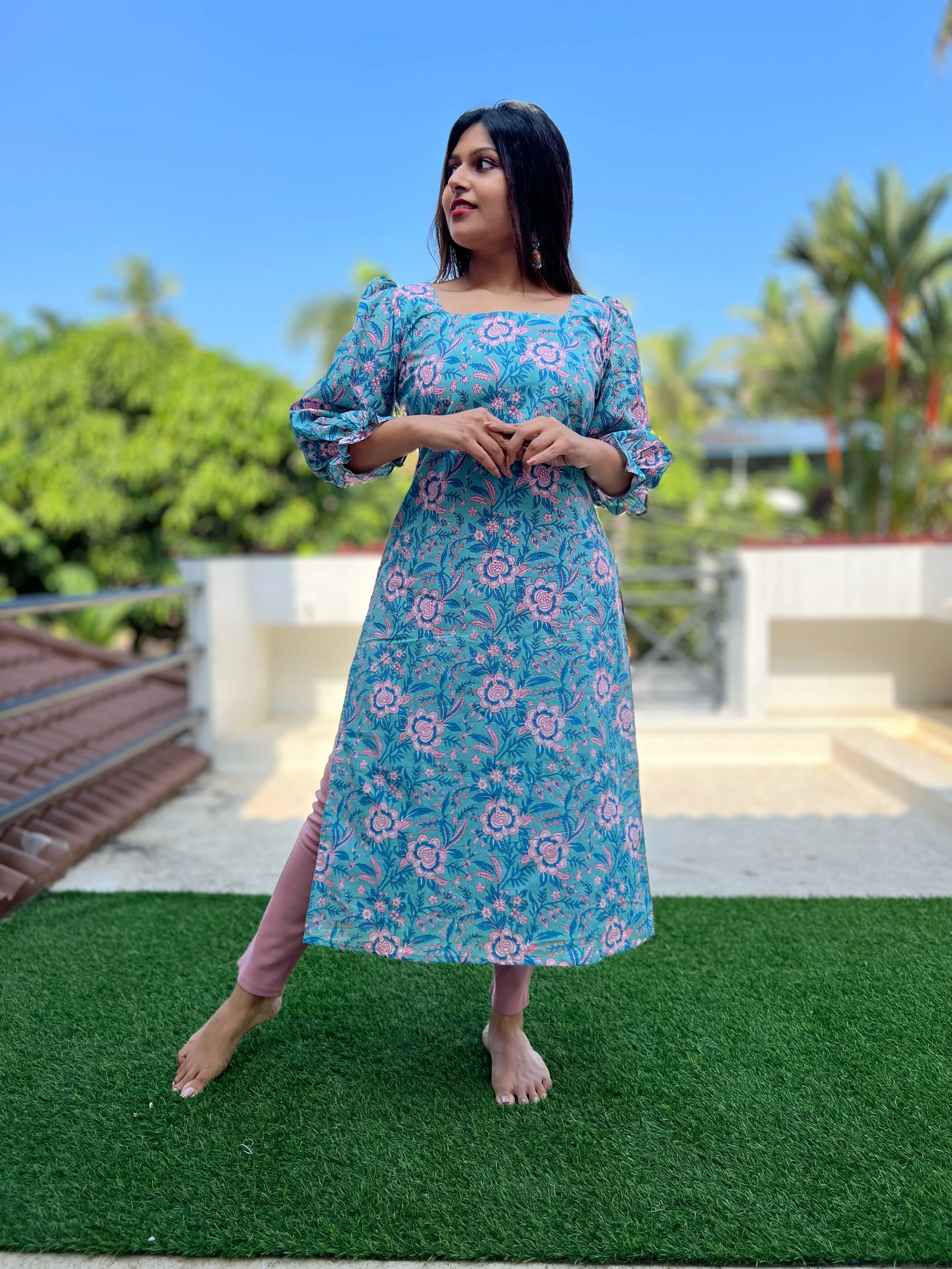 Aqua Blue Puff Sleeved Cotton Kurti - Image 11