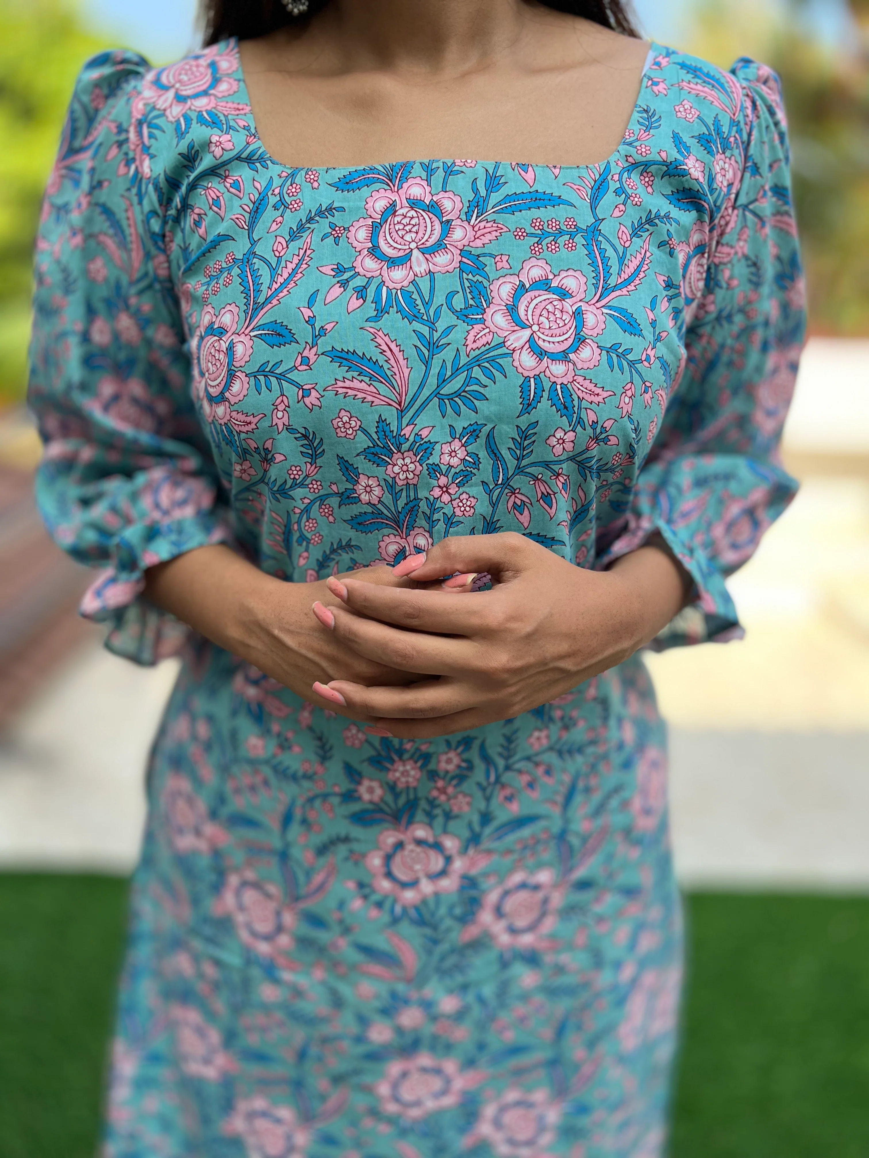 Aqua Blue Puff Sleeved Cotton Kurti - Image 9